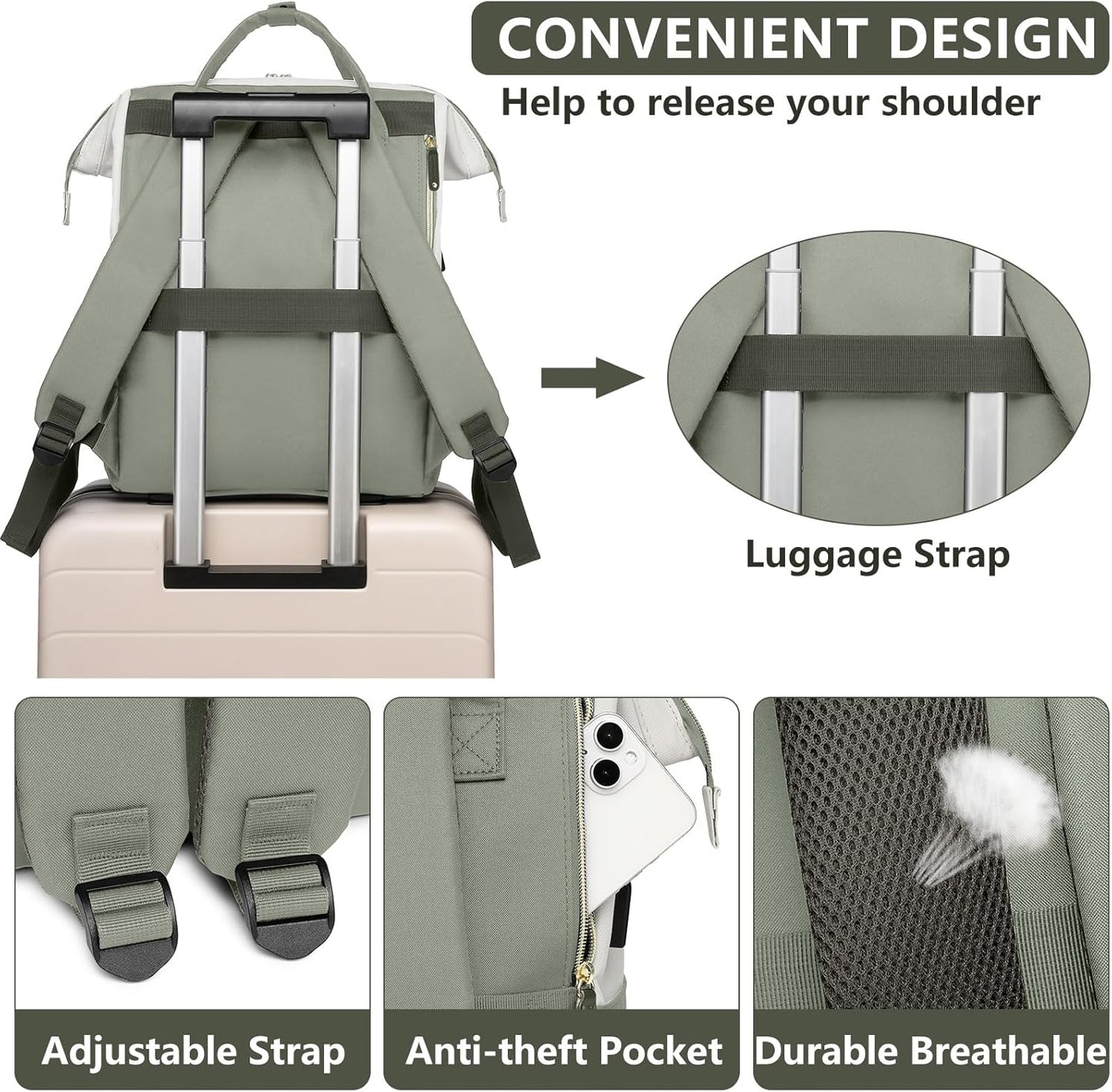 Laptop Backpack Women Work Bag: 15.6 inch Work Bookbag with USB Charging Port Large Travel Backpack Purse for College Nurse Casual Daypack for Teacher Professional Computer Backpack Beige Light Green