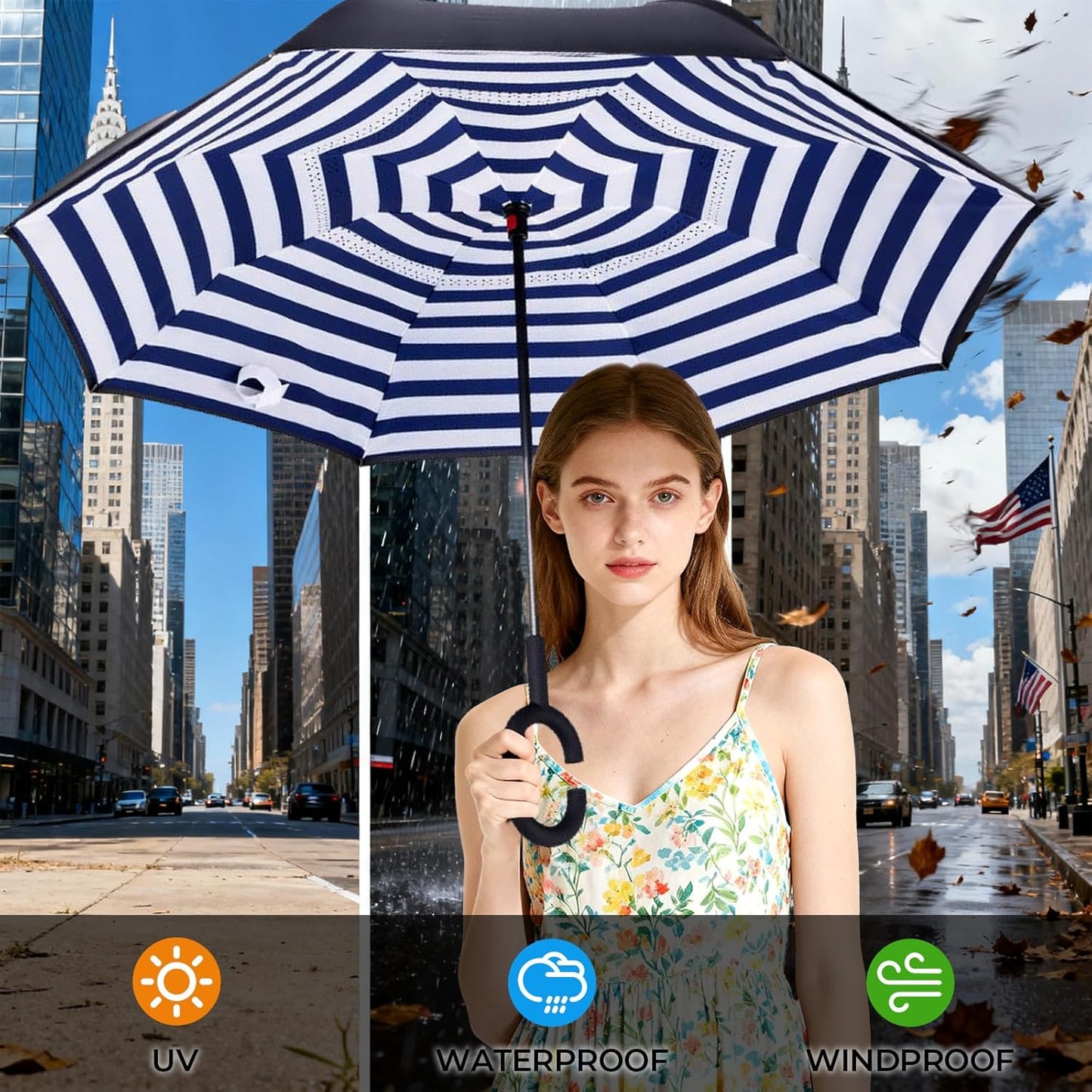 Inverted Umbrella, 49 Inch Double-Layer Vented Reverse Umbrella, Windproof Waterproof UV Protection, Lightweight C-Handle, Fiberglass Ribs, Steel Shaft, Travel/Commute/Car Use, With Sleeve