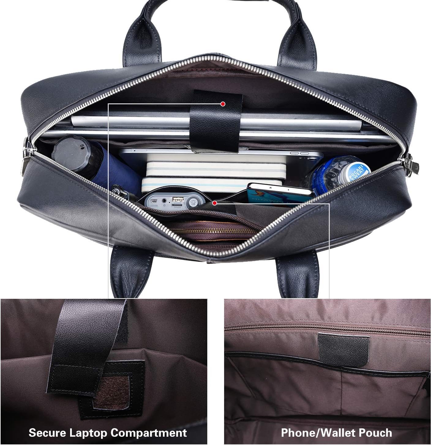 Polare Leather Briefcase for Men Business Travel Messenger Bags 15.6 Inch Laptop Bag YKK Metal Zipper