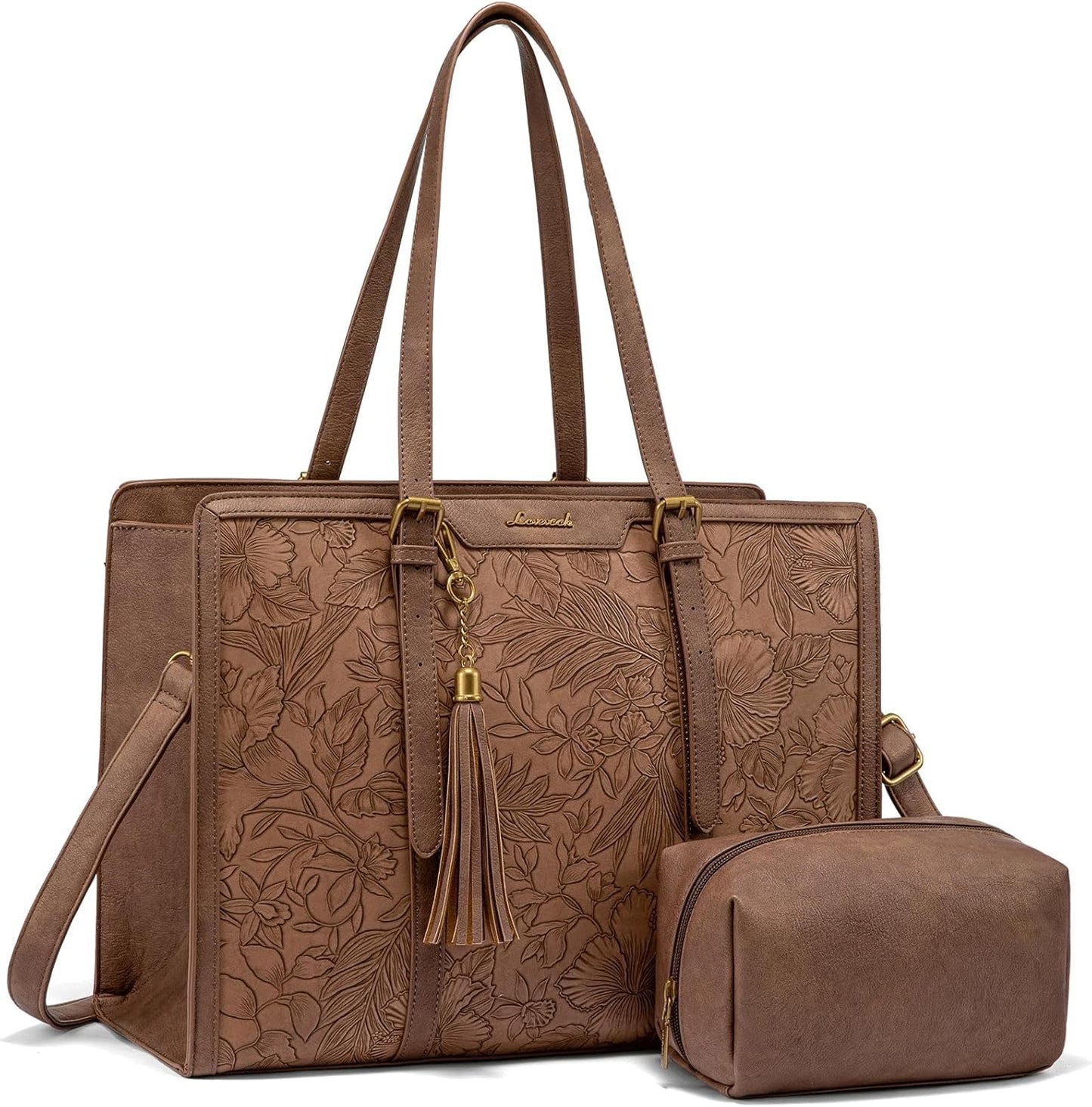 LOVEVOOK Laptop Tote Bag for Women,17 inch Canvas Leather Computer bag with Clutch Purse for Business, Travel, School, Casual (Light Maroon Embossed-P, 15.6 inch)