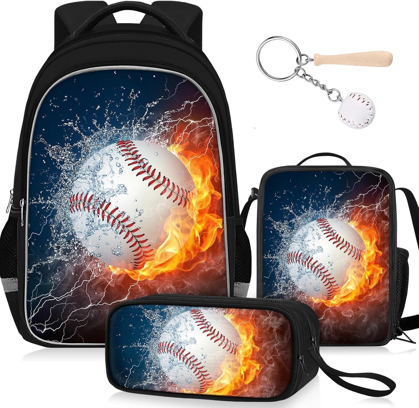 School Backpack for Boys - 4pcs Baseball Boys Backpack with Lunch Box and Pencil Case for Kids Children Teens Elementary Middle School - Students Bag for Ages 6-18,17″Bookbag Travel Back Pack
