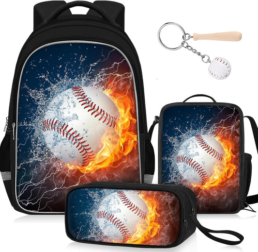 School Backpack for Boys - 4pcs Baseball Boys Backpack with Lunch Box and Pencil Case for Kids Children Teens Elementary Middle School - Students Bag for Ages 6-18,17″Bookbag Travel Back Pack