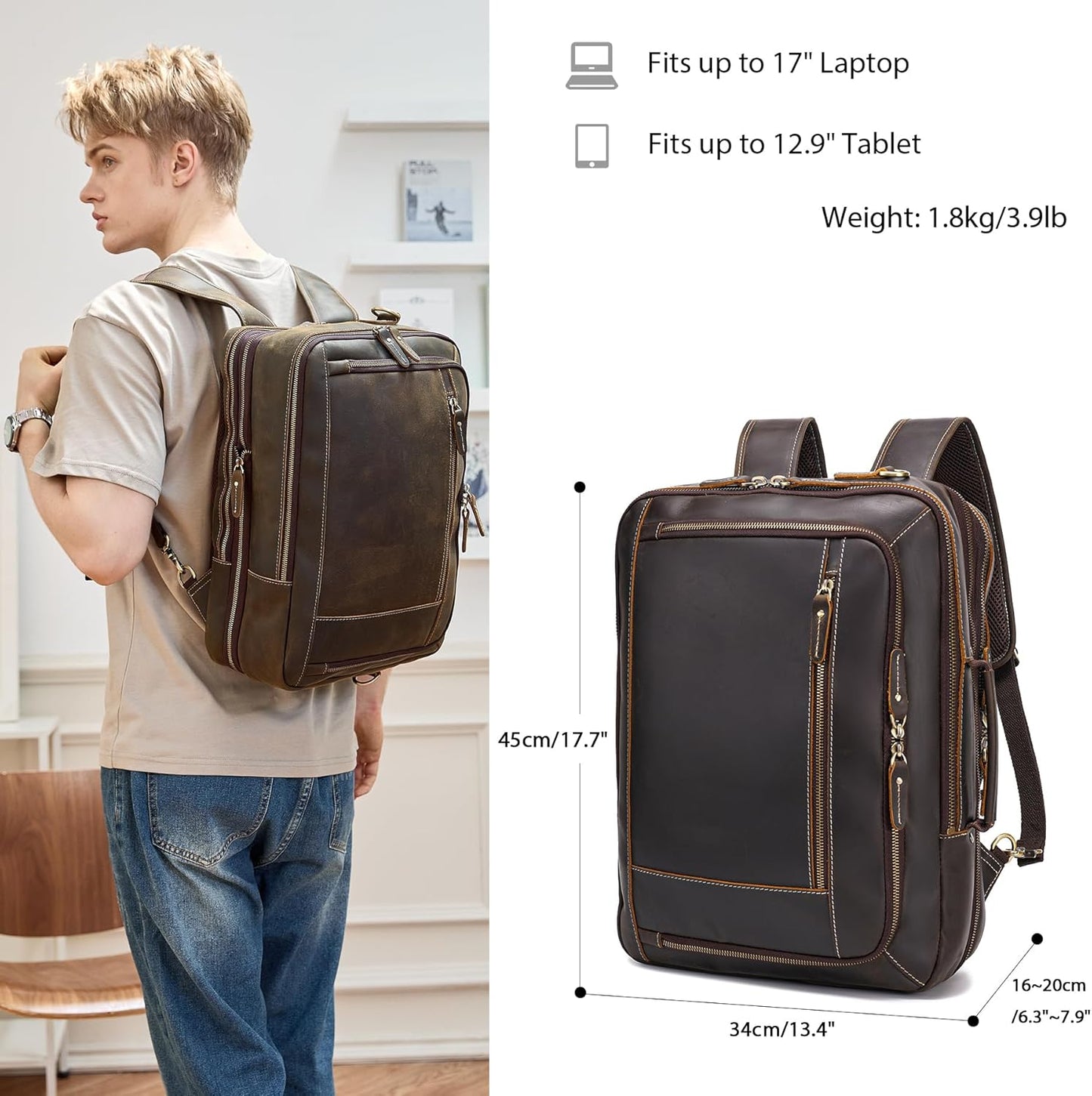 LANNSYNE Vintage Genuine Leather Backpack For Men, 2 in 1 Expandable Briefcase Fits 17'' Laptop