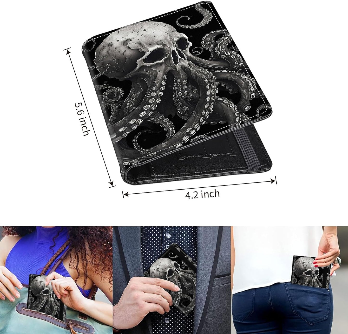 Passport Holder Cover Wallet Travel Essentials RFID Blocking Case Leather Passport Cover Wallet Vaccine Card Slot Organizer for Men Women, Skull Octopus