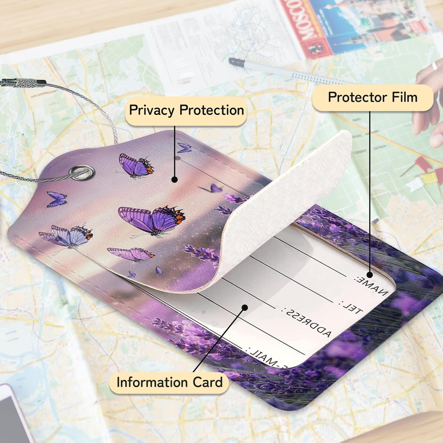 3 Pack PU Lavender Butterfly Leahter Luggage Tag with Stainless Steel Loop,Travel Suitcase Labels with Privacy Cover ID Label Quickly Spot for Bags