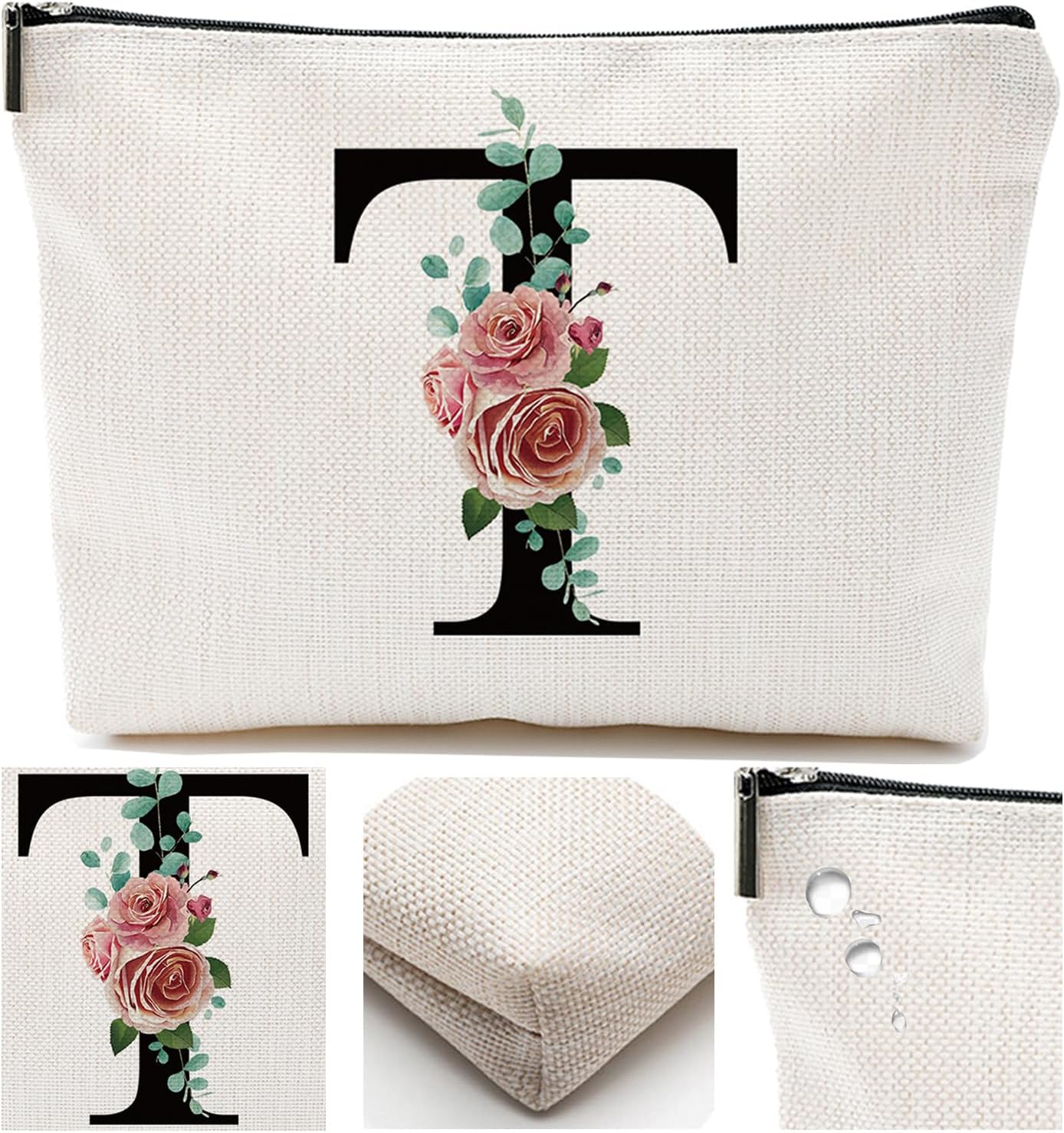 Initial A-Z Personalized Letter Makeup Bag, Monogrammed Bridesmaid Gifts Presents Cosmetic Bag, Portable Stationary Storage Organizer Pouch, Friendship Love Travel Makeup Bags