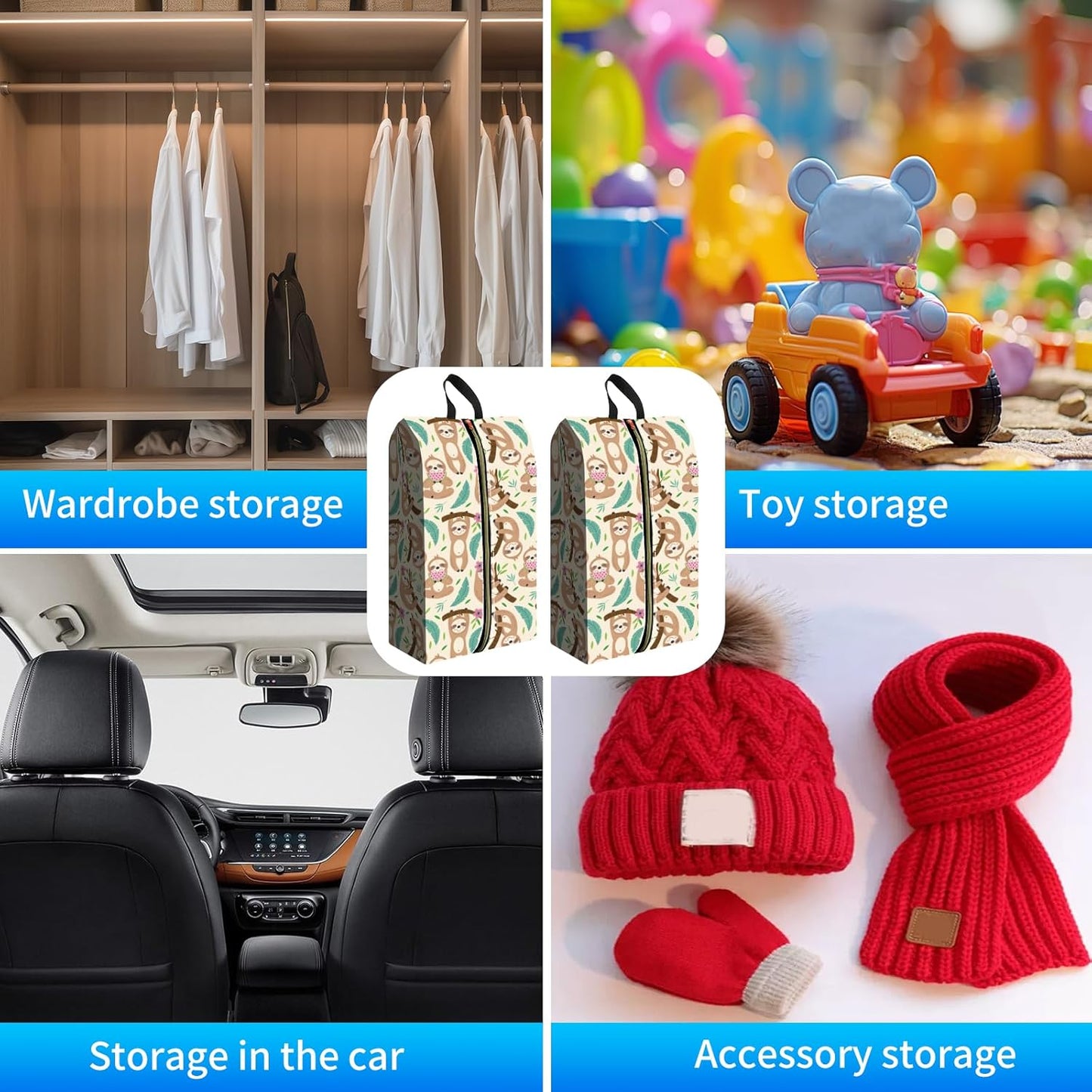 2pcs Shoe Organizer for Travel, Packing Shoe Travel Bags, Cute Shoe Bag with Zipper & Handle, Portable Travel Essentials for Women and Men Cute Sloth