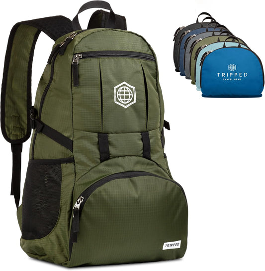 TRIPPED Travel Gear Traveling Backpack- Foldable collapsible lightweight backpack for travel (Green) 35 liters