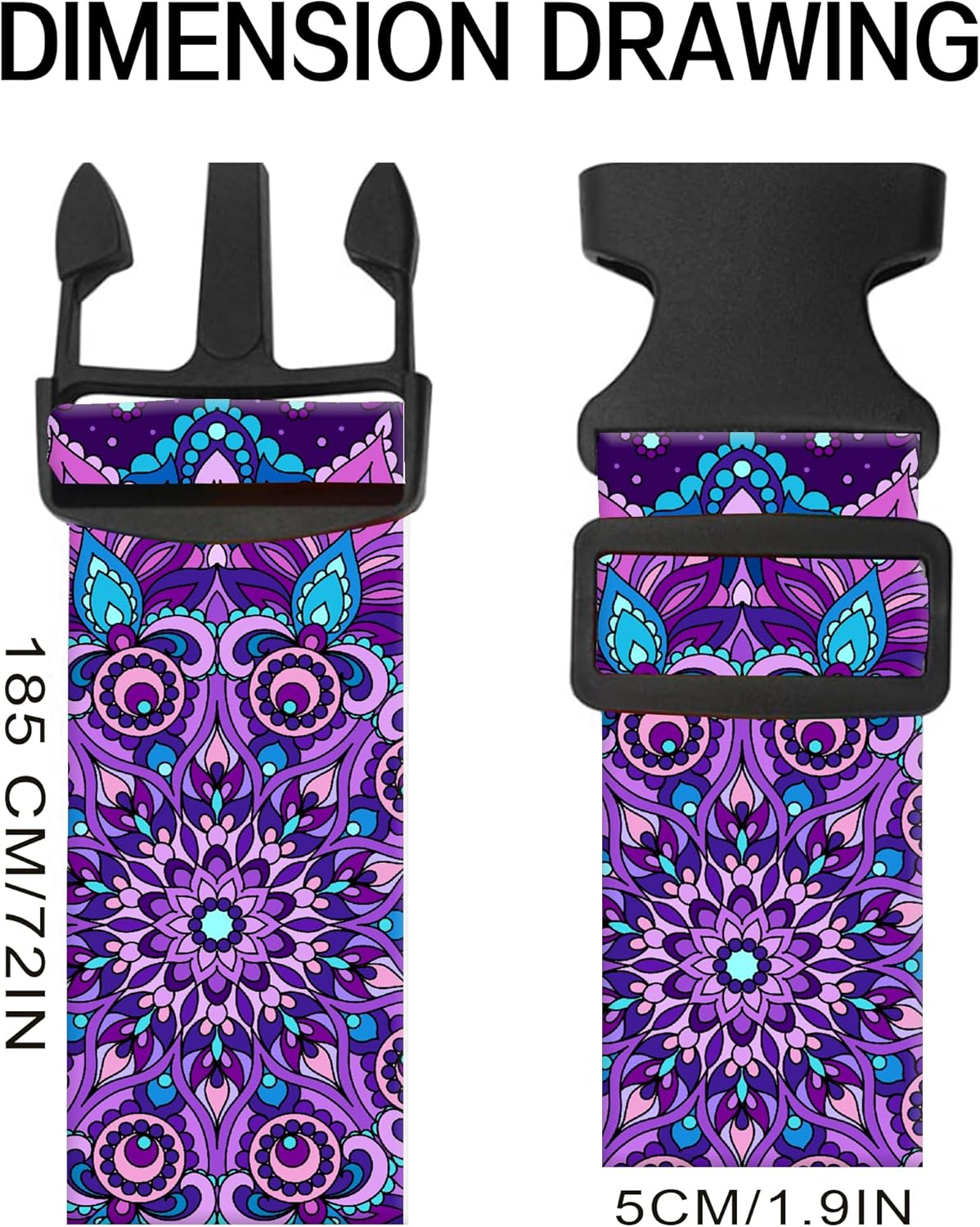 Luggage Straps for Suitcases, Adjustable Travel Belt, Durable Wide Luggage Strap, Cute Suitcase Strap Identifiers with Buckle, Bag Straps for Luggage, Luxury Purple Mandala