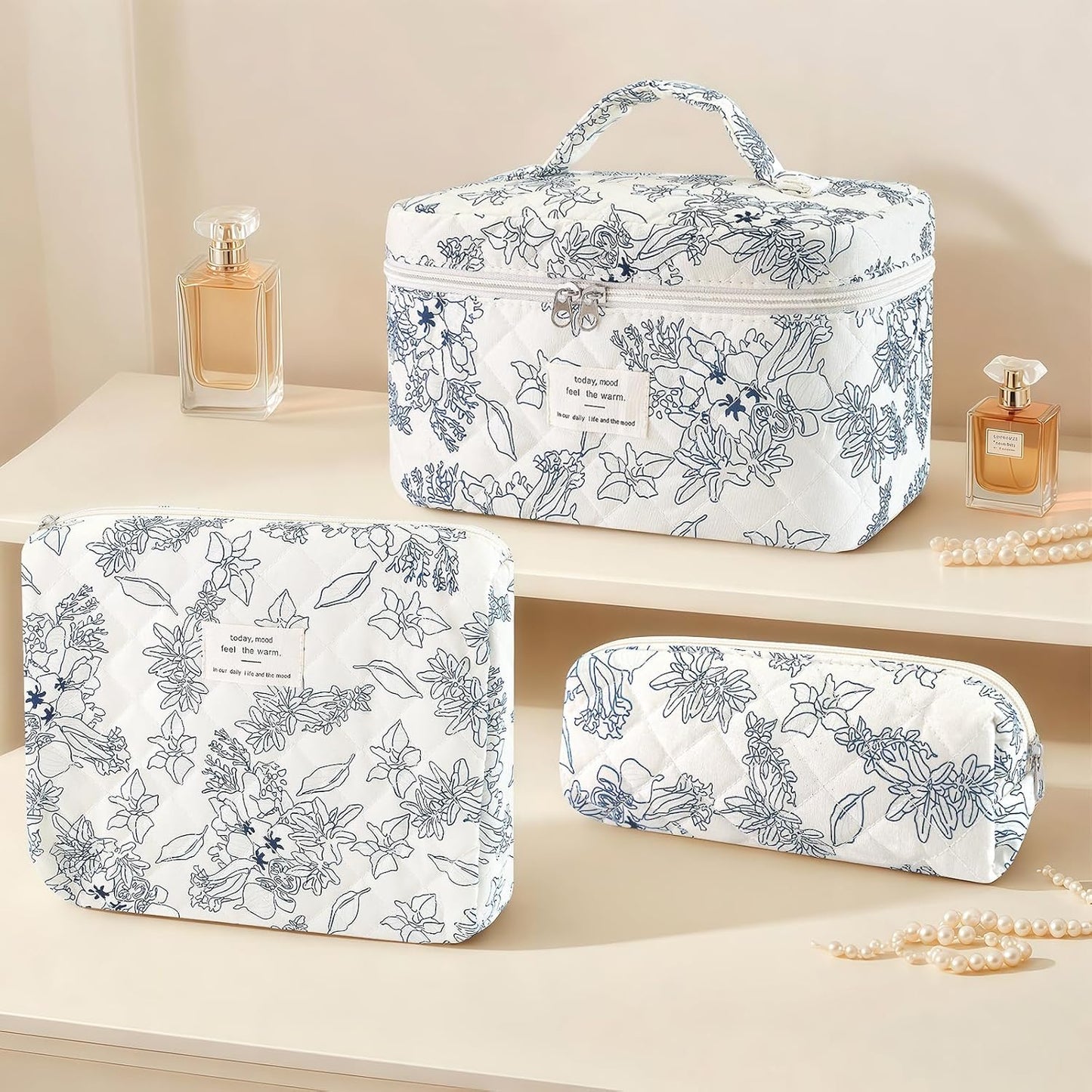 3Pcs Cotton Quilted Makeup Bag for Women Girls, Large Floral Cosmetic Bag Set Cute Makeup Brushes Aesthetic Accessories Storage Bag Flower Travel Toiletry Bag Organizer