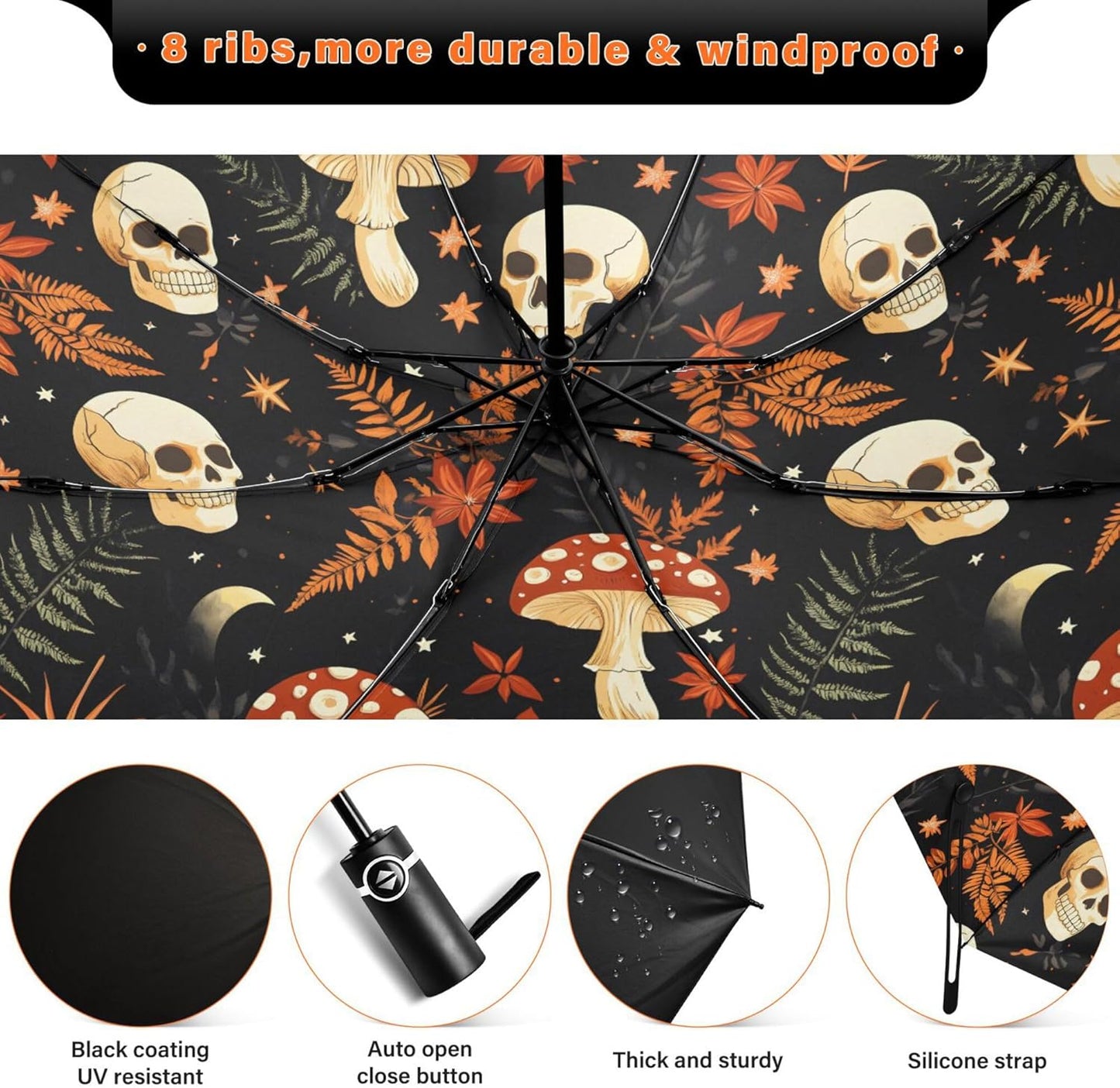 Automatic Folding Umbrella Windproof Strong, UV Protection Compact Black Gothic Moon Spider Webs and Bats Sun Rain Sun Rain Travel Umbrellas for Women Men