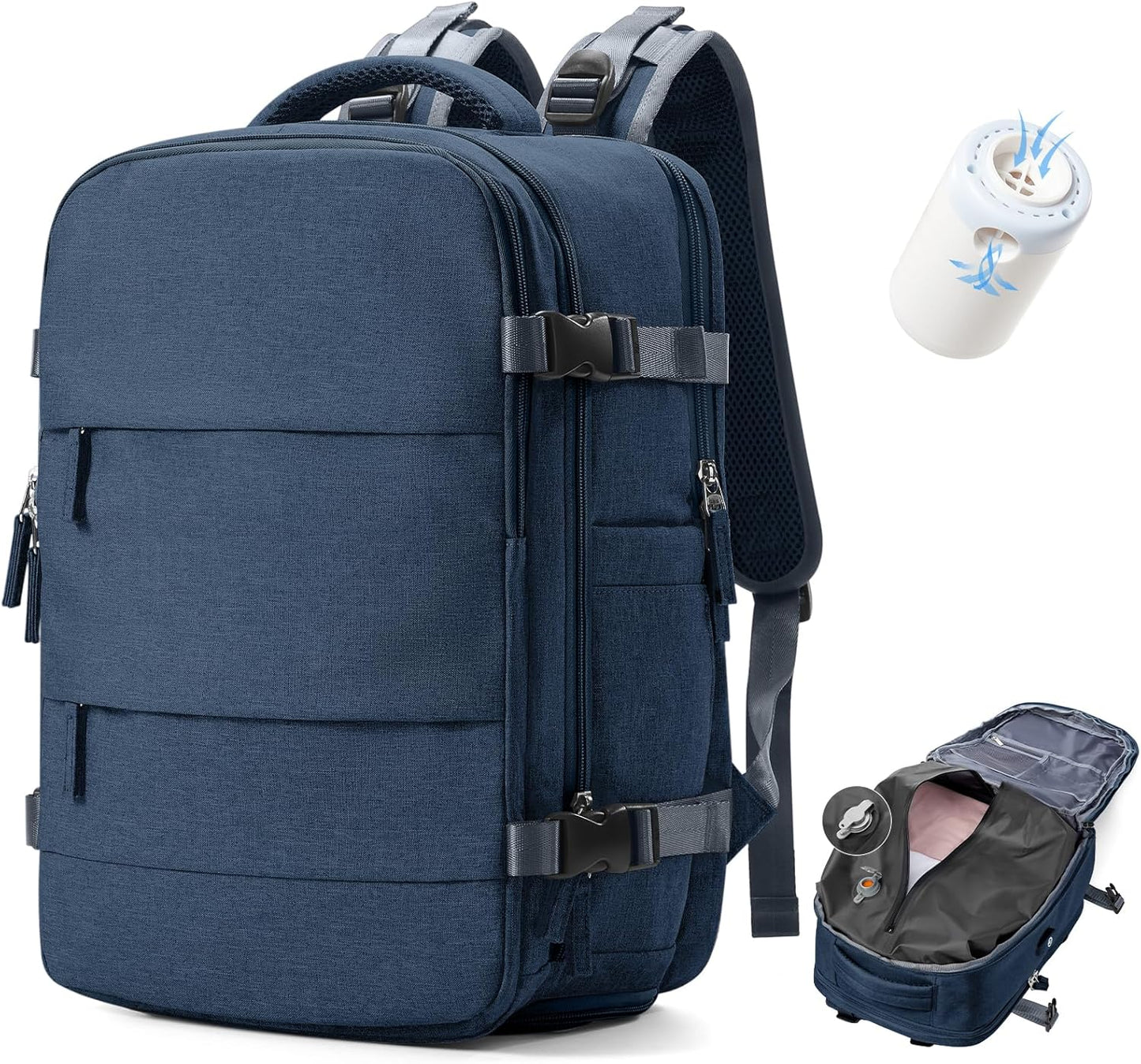 Vacuum Backpack Travel with Pump,Travel Backpack with Vacuum System, Shoe Compartment,Flight Approved 18x14x8 inches,Carry on Personal item Laptop Work Backpacks,Sapphire Blue