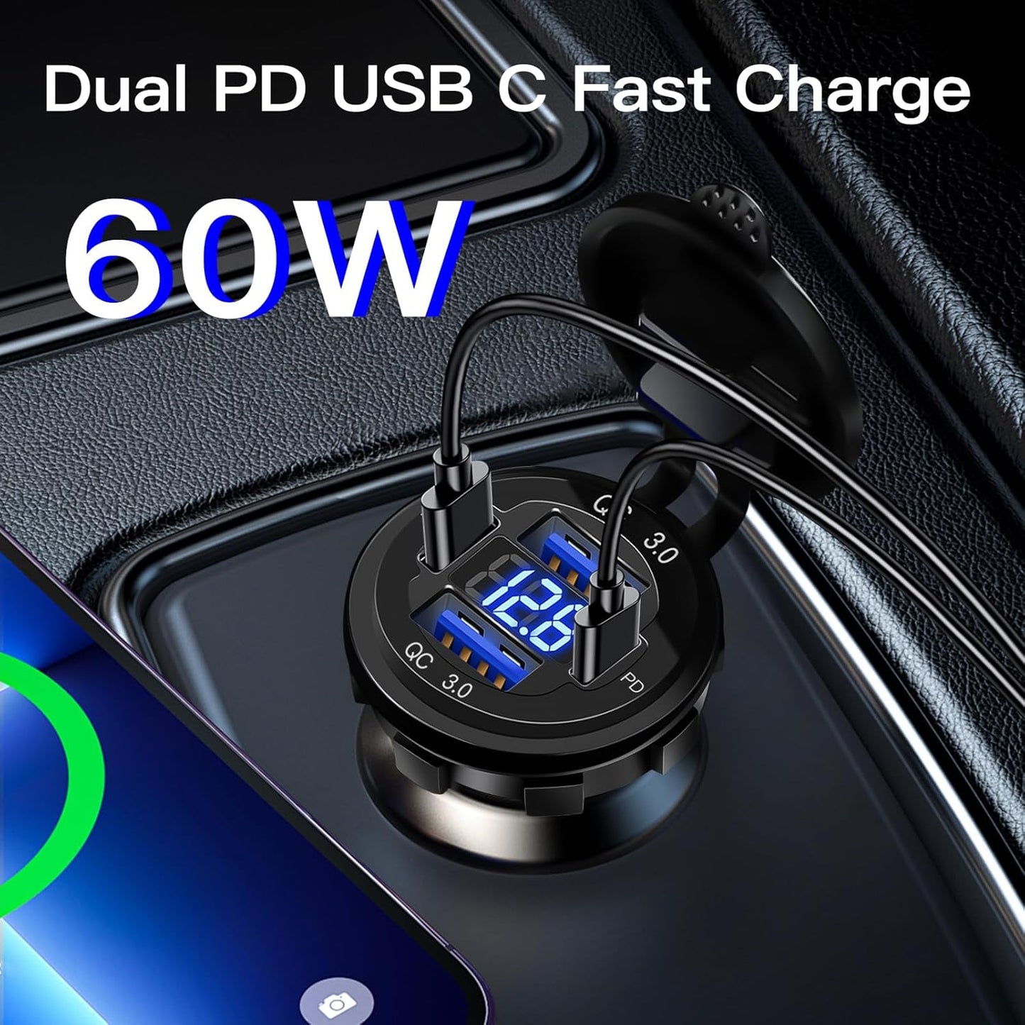 4 Ports 12V USB Output Aluminum 78W Dual PD and QC Multi Port USB C Car Charger with Voltmeter, Cigarette Lighter Replacement 12V USB Plug for Marine Boat, Motorcycle,