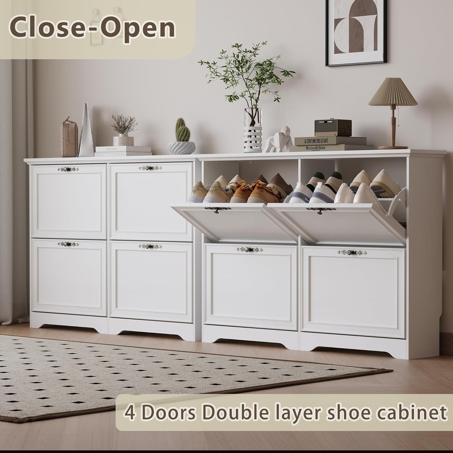 Large Shoe Cabinet for Entryway, 4 Flip Drawer Organizer with Adjustable Shelves, Wooden Slim Shoe Storage Cabinet and Rack for Closet, Hallway, Foyer