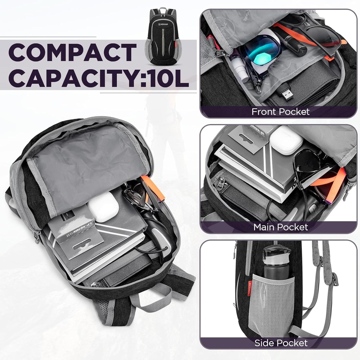 ZOMAKE Ultra Lightweight Packable Backpack 10L,Small Foldable Backpacks Hiking Water Resistant Collapsible Daypack for Women Men(Black-C1)