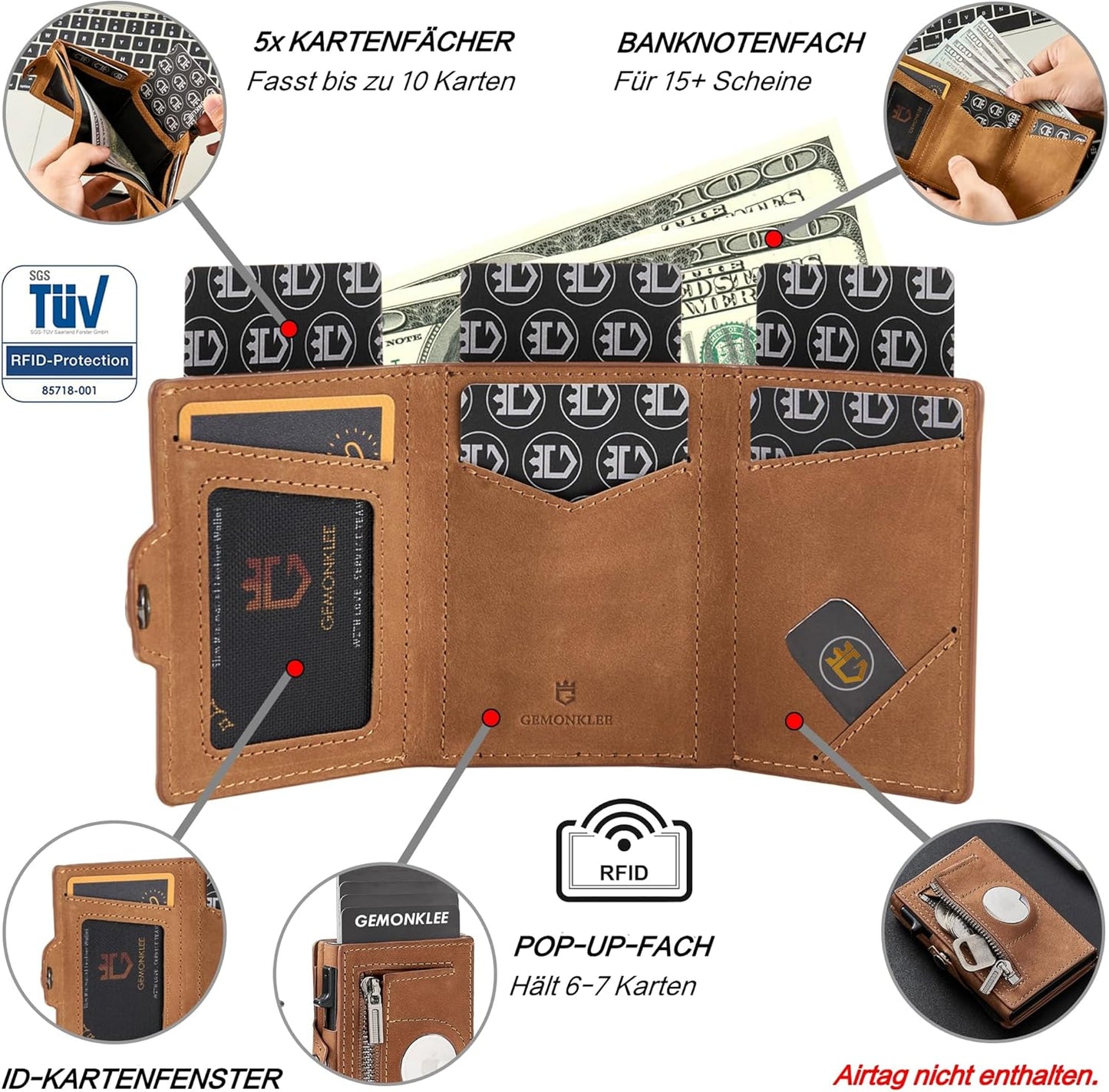 Mens Wallet Card Holder for AirTag, Leather Smart Wallet for Men, Airtag Wallet Pop Up Wallet, RFID Blocking, Slim, Minimalist, Large Capacity - 14-18 Card Capacity | ID Window | Cash Slot （Brown）