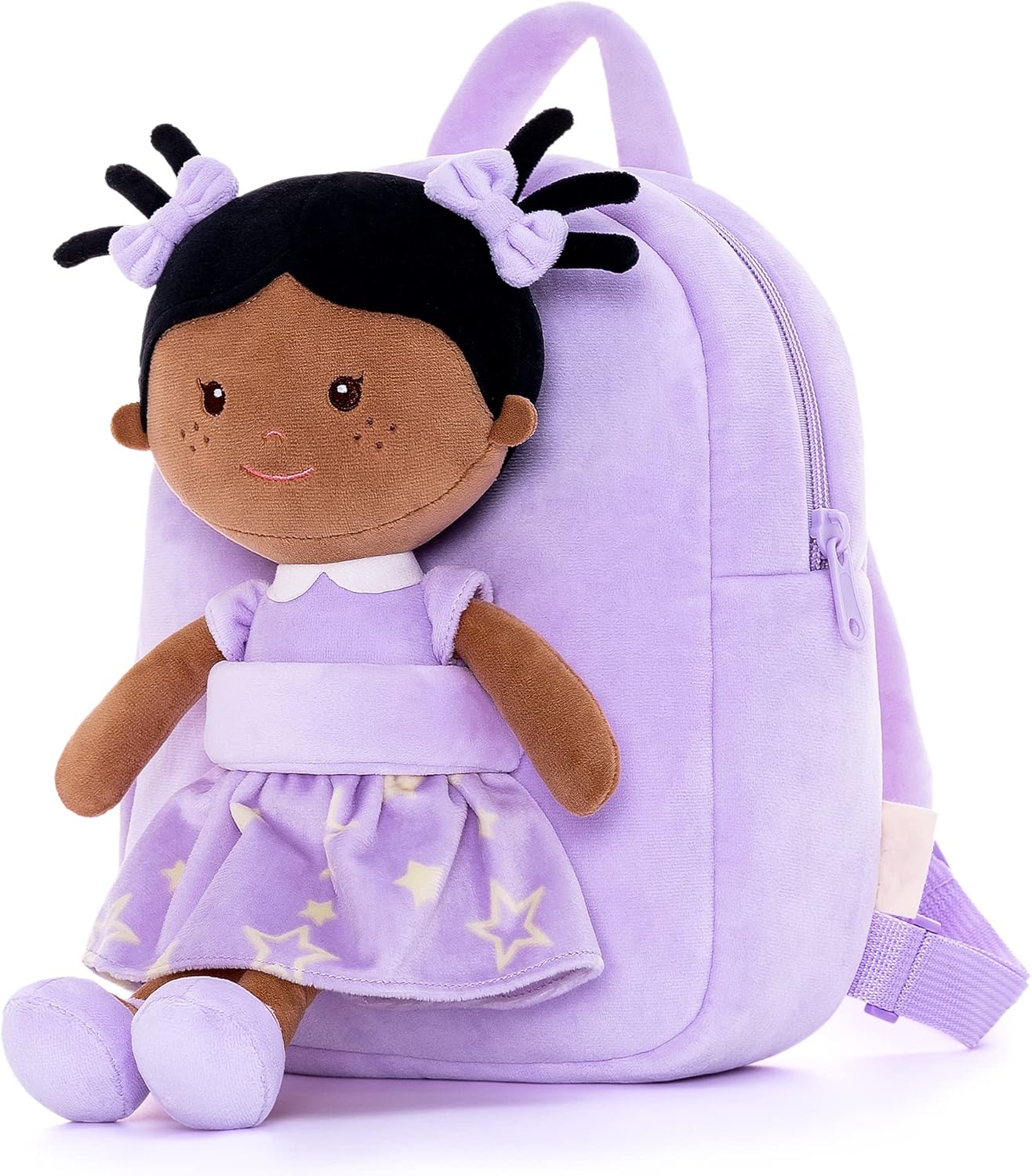 Onetoo Back to School Gifts for Girls Toddler Kids Backpack with Soft Tanned Baby Dolls in Purple Star Dress 9.5"
