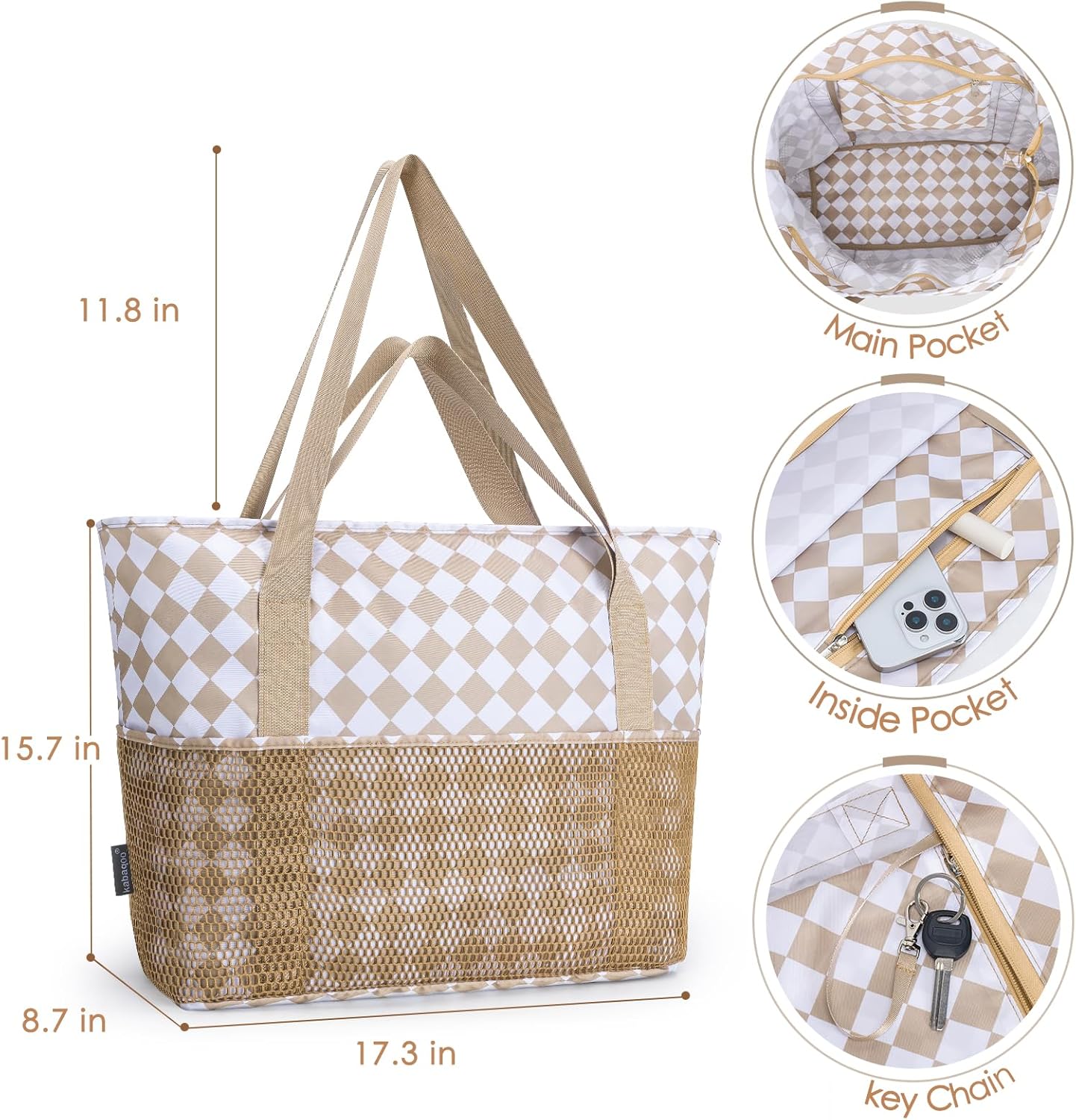 KABAQOO Large Beach Bag Waterproof Sandproof Tote Bag for Women with Zipper & Mesh Pockets for Pool Swim Travel Everyday