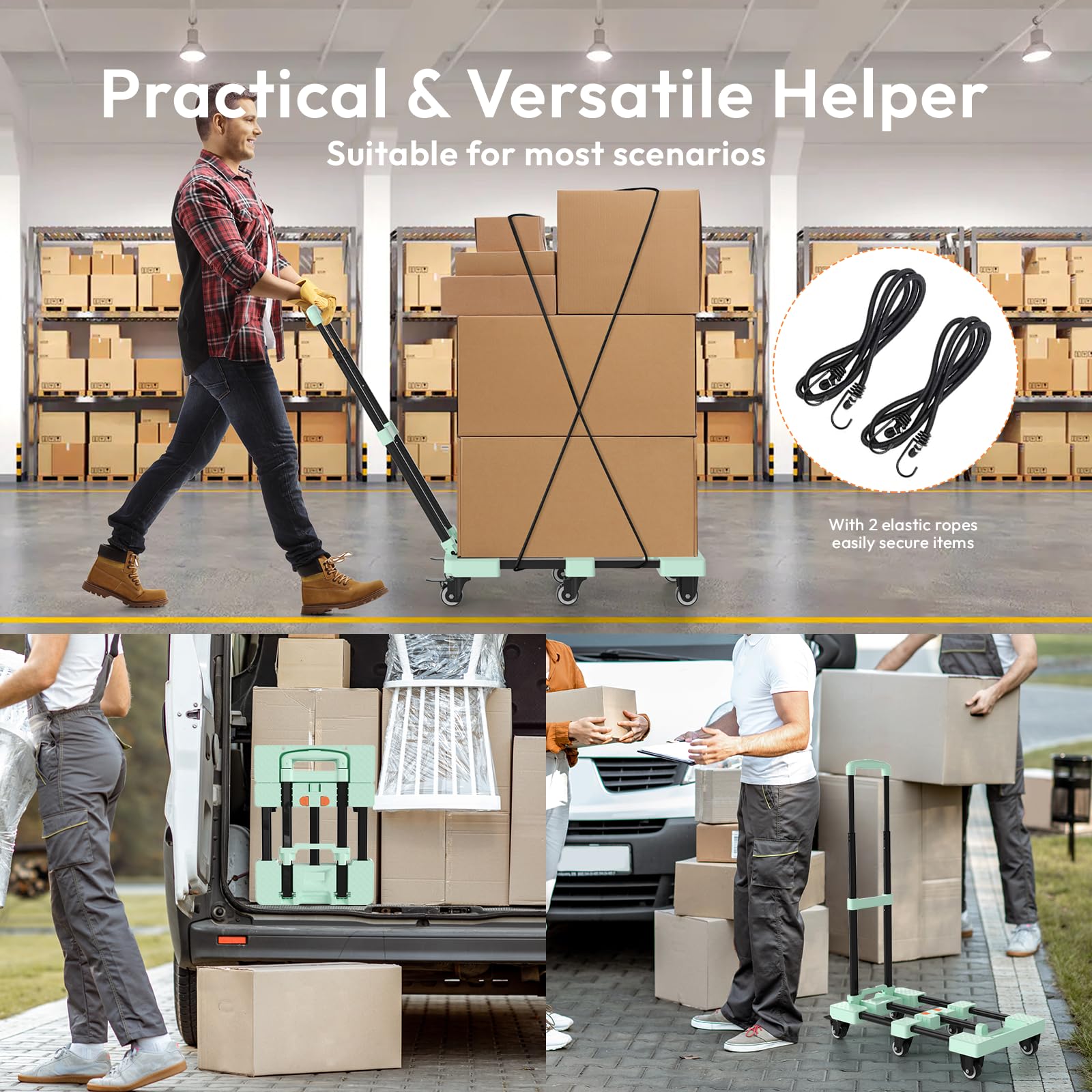 Voipvvii Folding Hand Truck 500lbs, Portable Heavy Duty Dolly Cart, 6 Wheels Collapsible Luggage