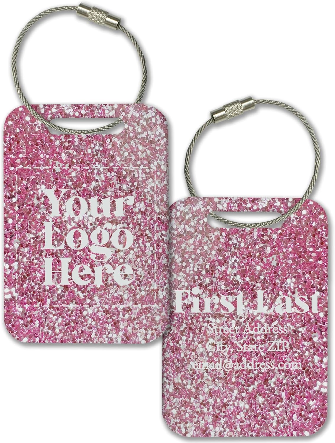Personalized Logo Name Tag for Luggage (3 or 6 Count Pack) | Custom Tag for Suitcase | Acrylic Name Tag for Travel | Choose Your Font & Color | Backpack ID Label (Logo, Pink Glitter)