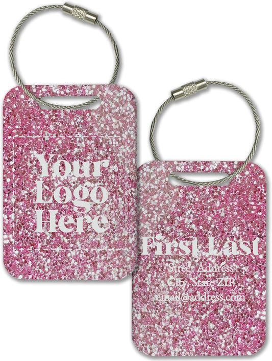 Personalized Logo Name Tag for Luggage (3 or 6 Count Pack) | Custom Tag for Suitcase | Acrylic Name Tag for Travel | Choose Your Font & Color | Backpack ID Label (Logo, Pink Glitter)