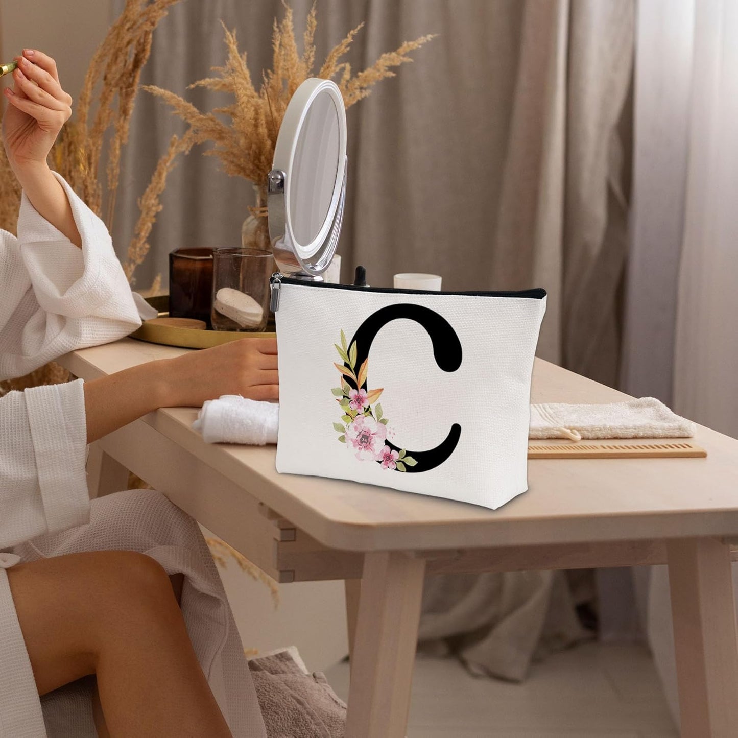Personalized Letter C Makeup Bag for Women, Birthday Gifts for Mom, Small Zipper Pouch for Purse, Christmas Bridesmaid Friendship Gifts for Sister Daughter, Girls Weekend Gifts for Women-A03