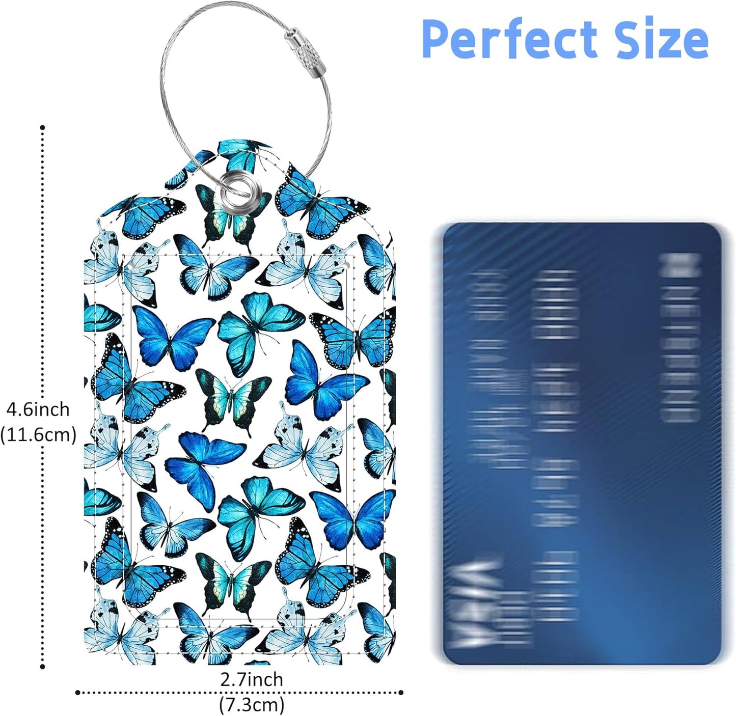 Luggage Tags for Suitcase Blue Butterfly 2 PCS Leather Travel Cruise Luggage Tag with Stainless Steel Loop Name ID Label Privacy Cover for Women Men Travel Bag Labels Set