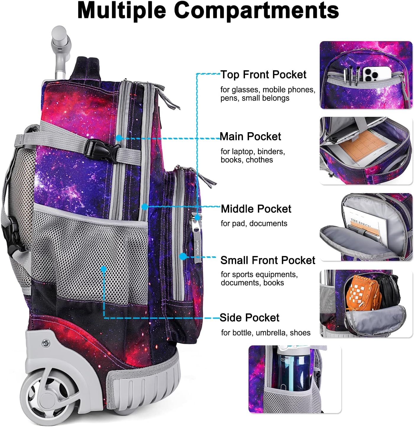 Tilami Rolling Backpack 19 inch with Lunch Bag Wheeled Laptop Backpack, Deep Red Galaxy