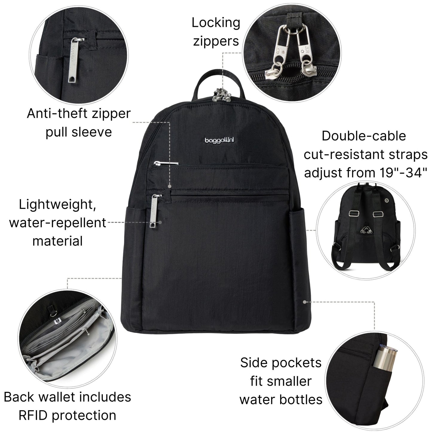 Baggallini Securtex® Anti-theft Vacation Travel Backpack 10x13 Slash-Resistant Nylon Daypack