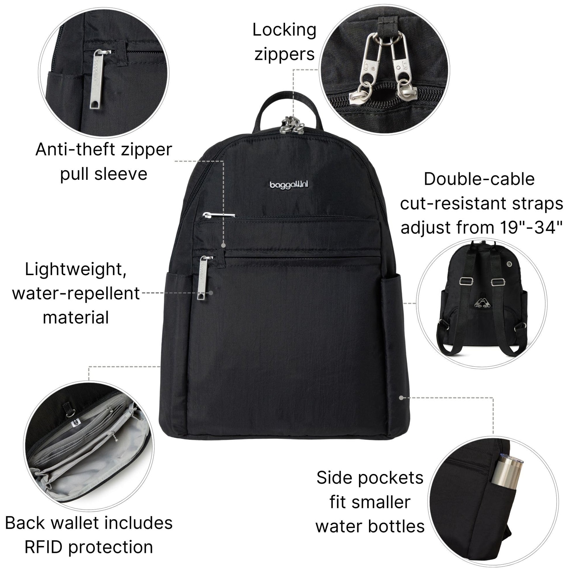 Baggallini Securtex® Anti-theft Vacation Travel Backpack 10x13 Slash-Resistant Nylon Daypack