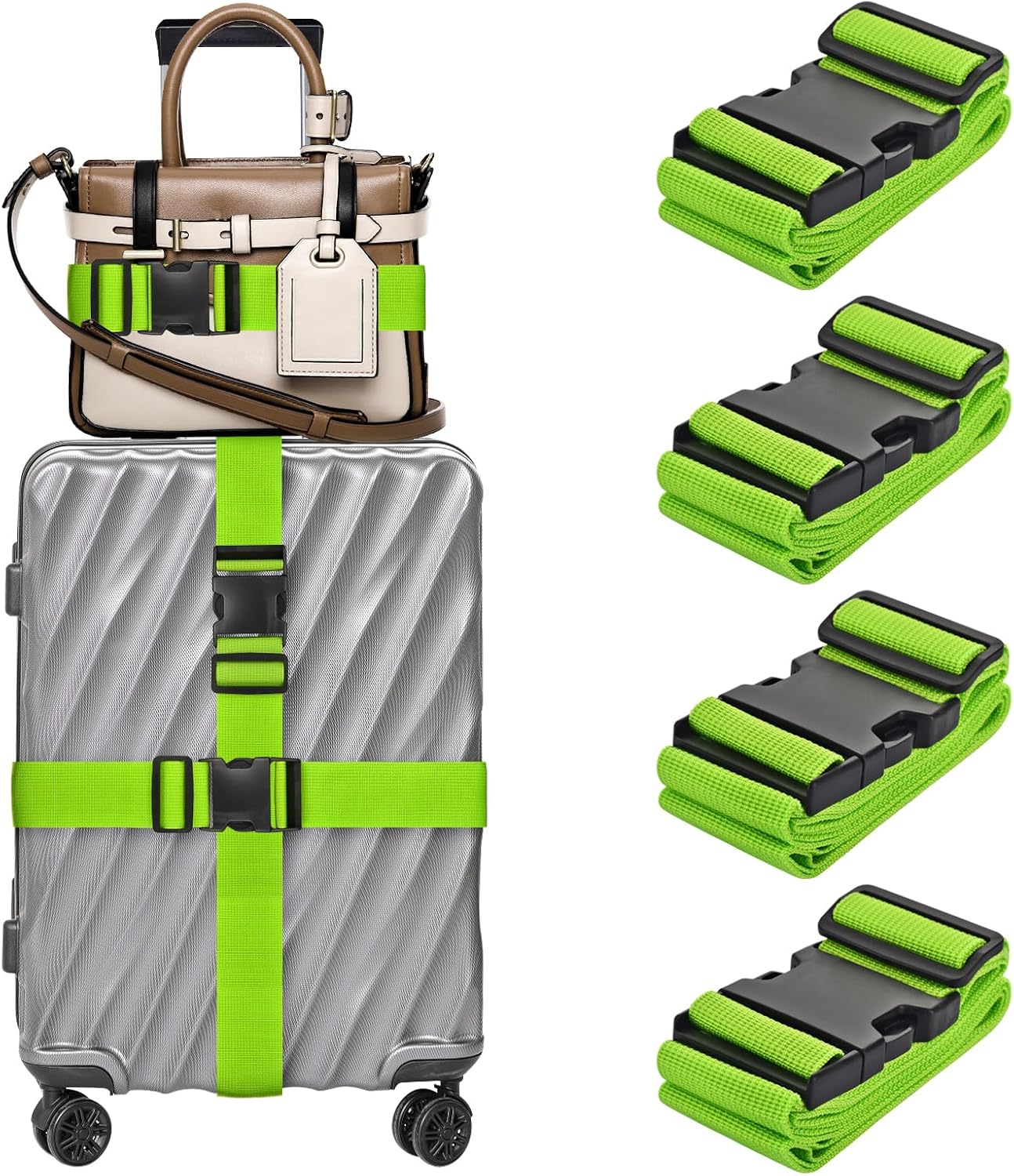 4 Pack Luggage Straps for Suitcases TSA Approved, Travel Belt, Suitcase Strap, by Hiuysid (Green)