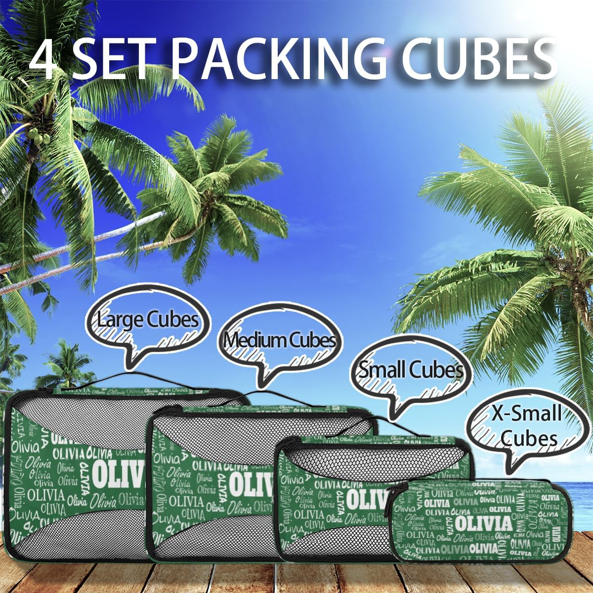 Personalized Compression Packing Cubes with Name, 4 Set Mesh Travel Organizer Bags for Carry on Women Men Boys, Luggage, Suitcase, Forest Green Solid Color