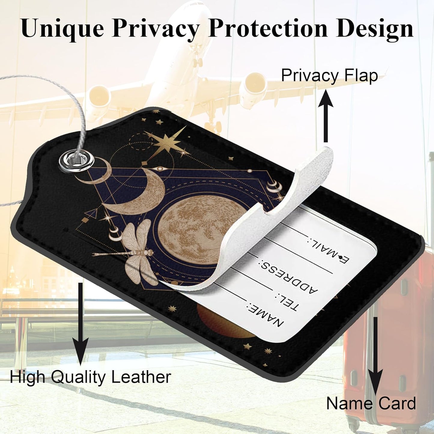 Geometric Magical Dragonflies, Moon, Stars PU Leather Luggage Tags for Suitcase, Travel 2 Pack with Privacy Flap, Name ID Label and Metal Loop for Women Men Girls Baggage Bag Backpack