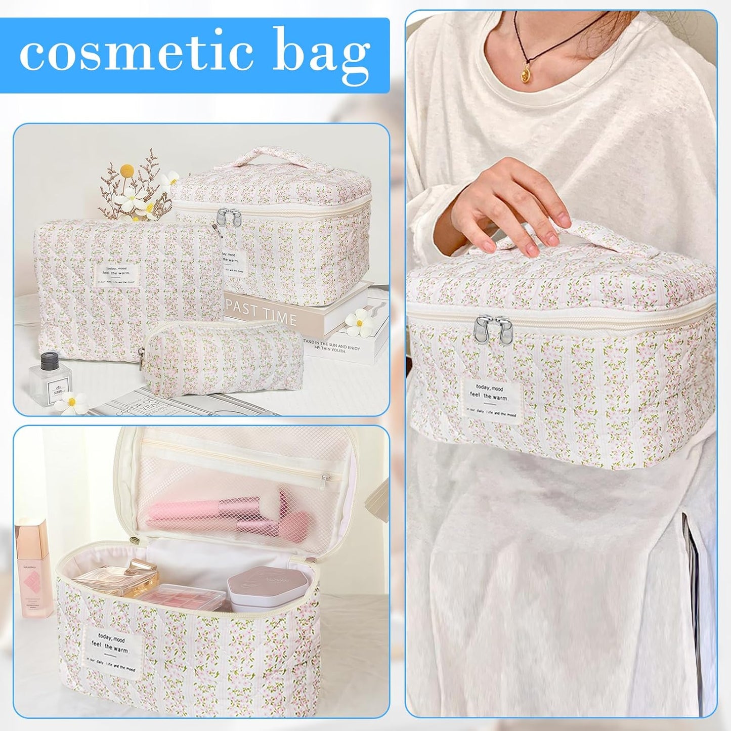Quilted Makeup Bag, Large Capacity Travel Cosmetic Bag for Women and Girls, Aesthetic Storage for Daily and Travel Use (3pcs-pinkleavesflowers)