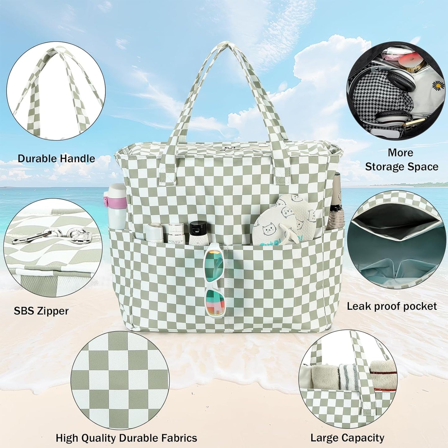LEDAOU Beach Bag Waterproof Sandproof Women Tote Bag Pool Bag with Zipper for Gym Grocery Travel