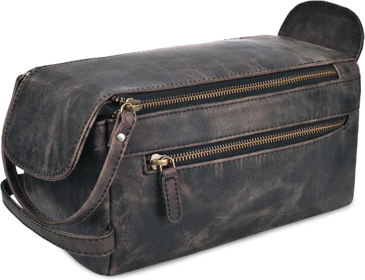 Leather Travel Toiletry Bag for Men & Women – Genuine Leather Dopp Kit, Shaving Organizer, Waterproof Lining, Spacious Toiletry Organizer Gift for Unisex- Chalkboard Grey