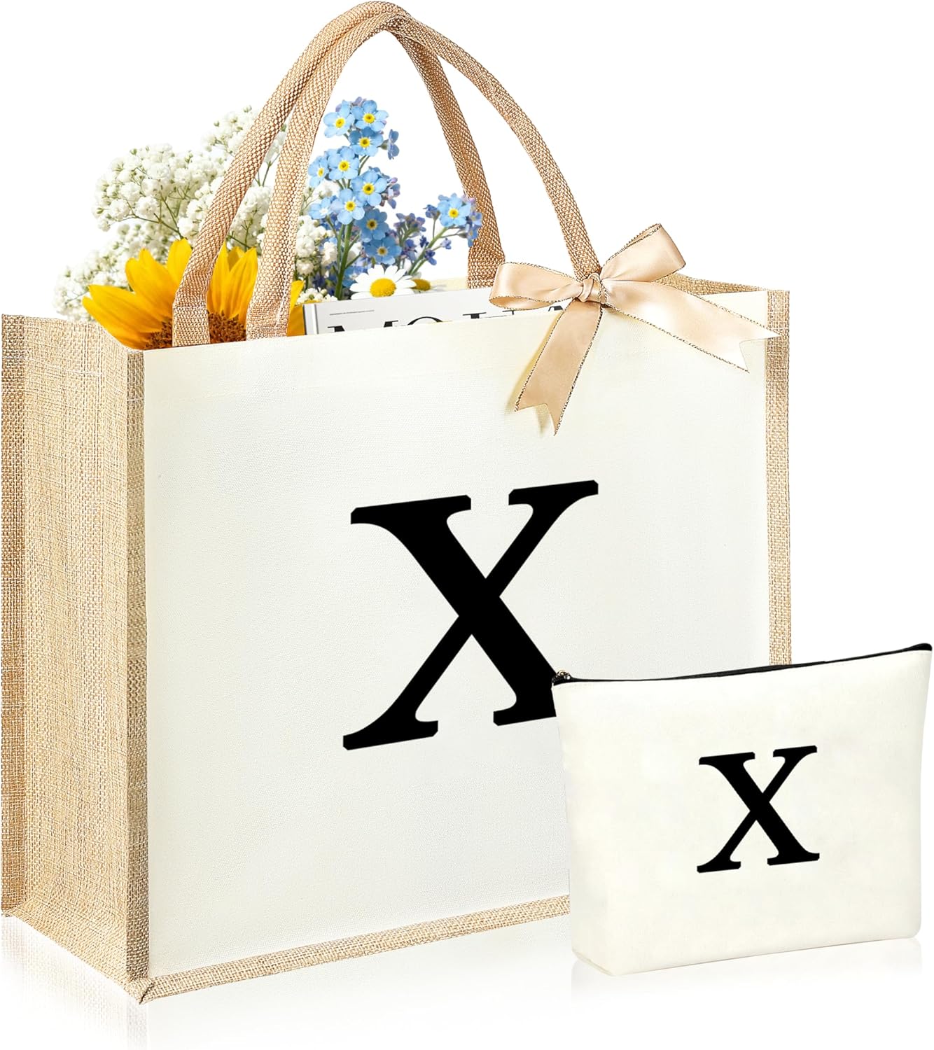 Initial Canvas Tote Bag & Makeup Bag for Women Teacher Bridesmaids，Personalized Present for Wedding, Birthday, Beach