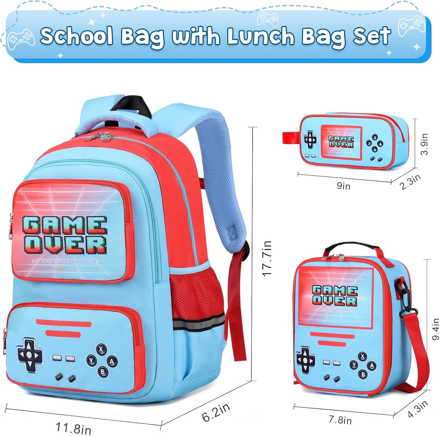 Gamer Backpack for Boys - Cool Luminous School Bag with Lunch Bag Pencil Case - Kids Backpack Elementary Middle School Book Bags for Teen Boys with USB Charging Port (Blue Red)