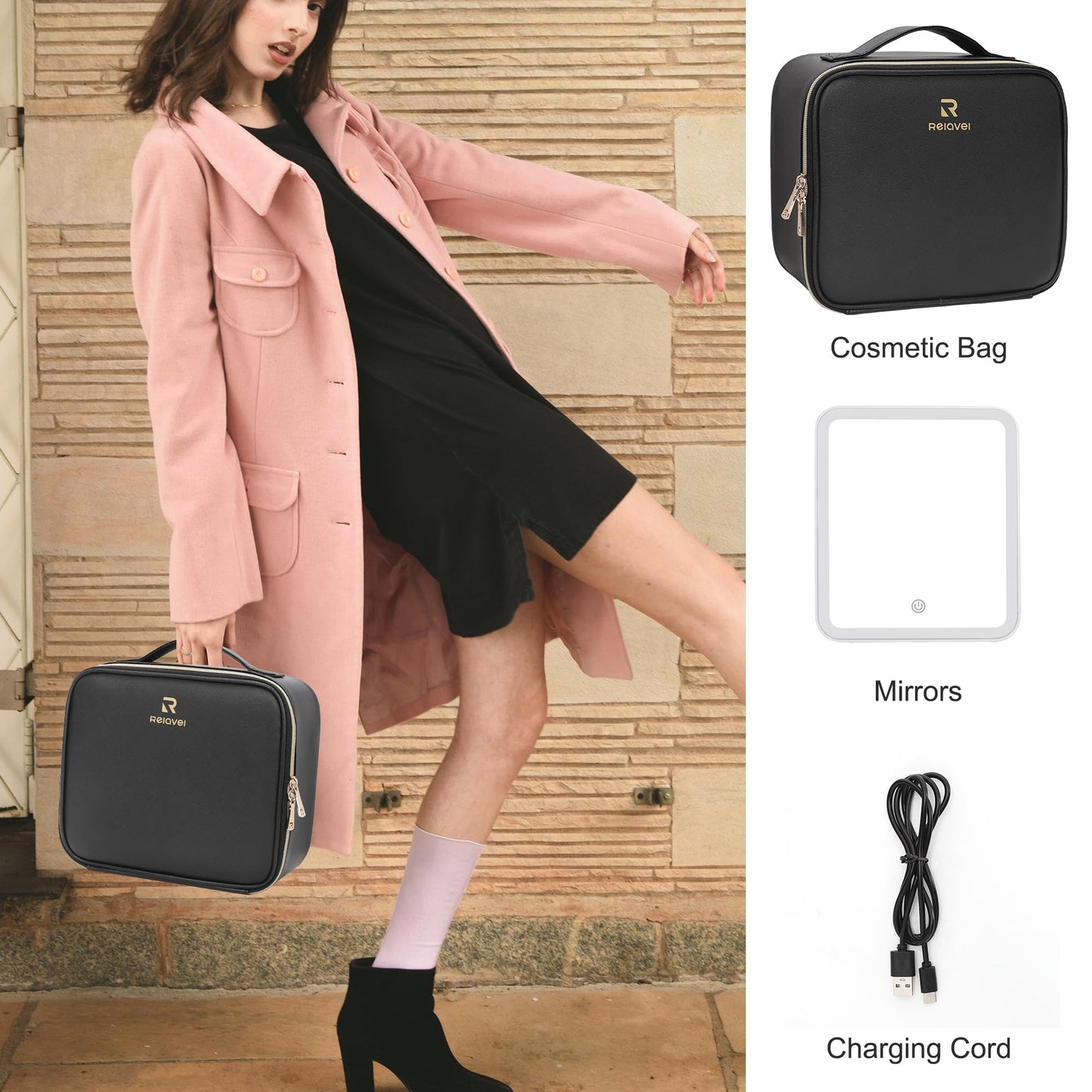 Relavel Travel Makeup Bag With LED Mirror, Cosmetic Train Case with Light up Mirror, Portable