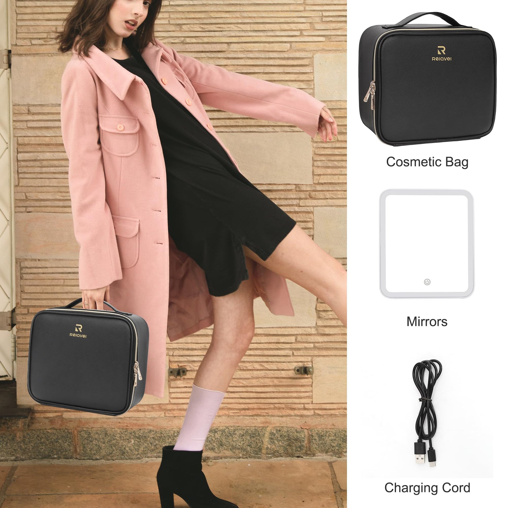 Relavel Travel Makeup Bag With LED Mirror, Cosmetic Train Case with Light up Mirror, Portable