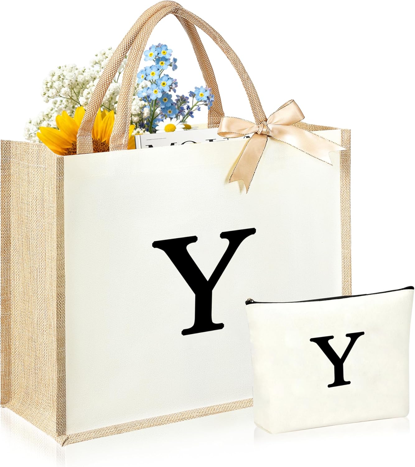 Initial Canvas Tote Bag & Makeup Bag for Women Teacher Bridesmaids，Personalized Present for Wedding, Birthday, Beach