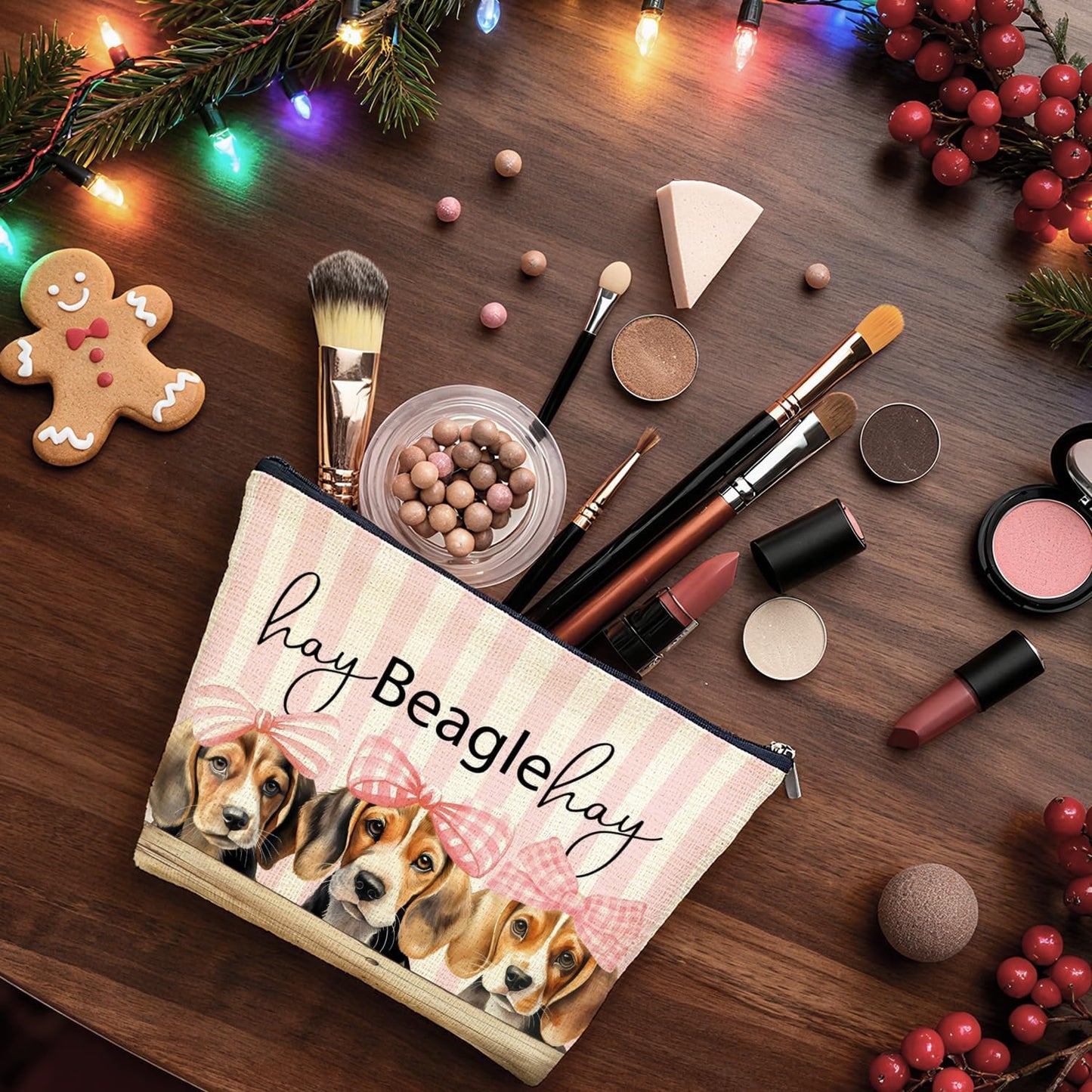 Coquette Pink Bow Beagle Makeup Bag Gifts for Women, Beagle Lovers Gifts Cosmetic Bag, Rustic Preppy Girly Dog Pink Striped Zipper Makeup Pouch Travel Toiletry Bag