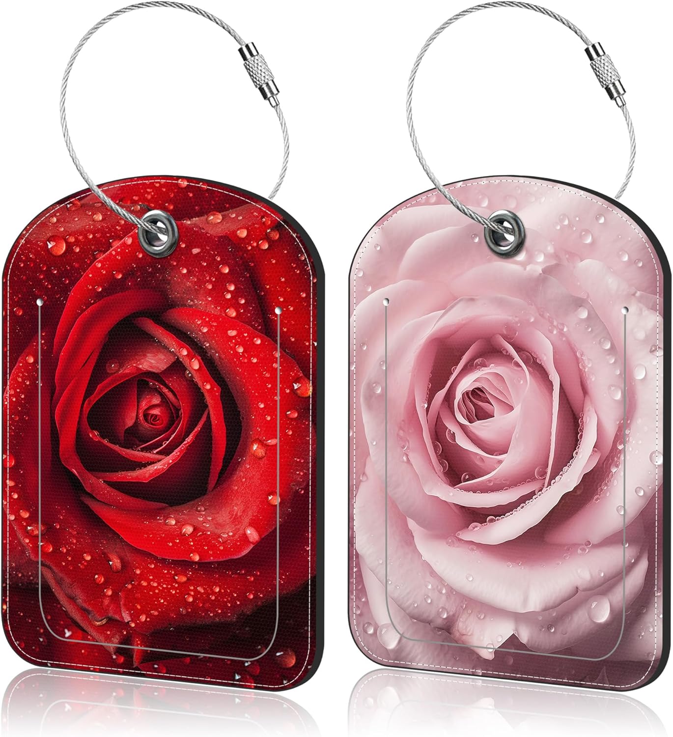 2 Pack PU Luggage Tags for Suitcase, Rose Glistering with Water Droplet Suitcase Tag Leather ID Label Bag Tags with Privacy Cover and Metal Loop for Men Women Travel Bag