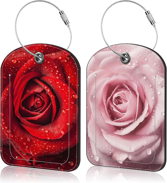 2 Pack PU Luggage Tags for Suitcase, Rose Glistering with Water Droplet Suitcase Tag Leather ID Label Bag Tags with Privacy Cover and Metal Loop for Men Women Travel Bag