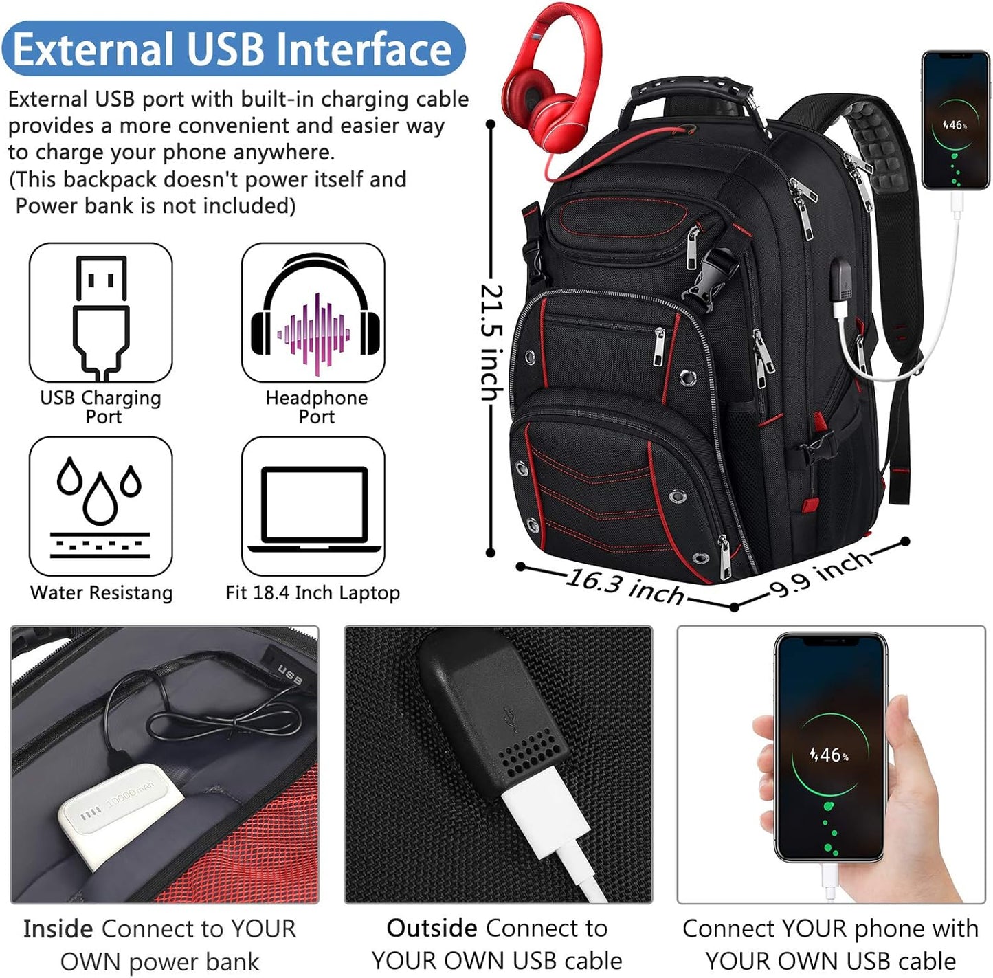 VECKUSON Large 18.4 Inch Laptop Backpack with USB Charger Port, TSA Friendly Flight Approved and
