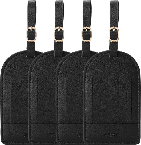 Faux Leather Luggage Tags for Suitcase Tag Set Privacy Protection with Identifie Name Lable ID Card Baggage tag for Men Women Travel Accessories, 2/4 Pack (LT06-Black*4)
