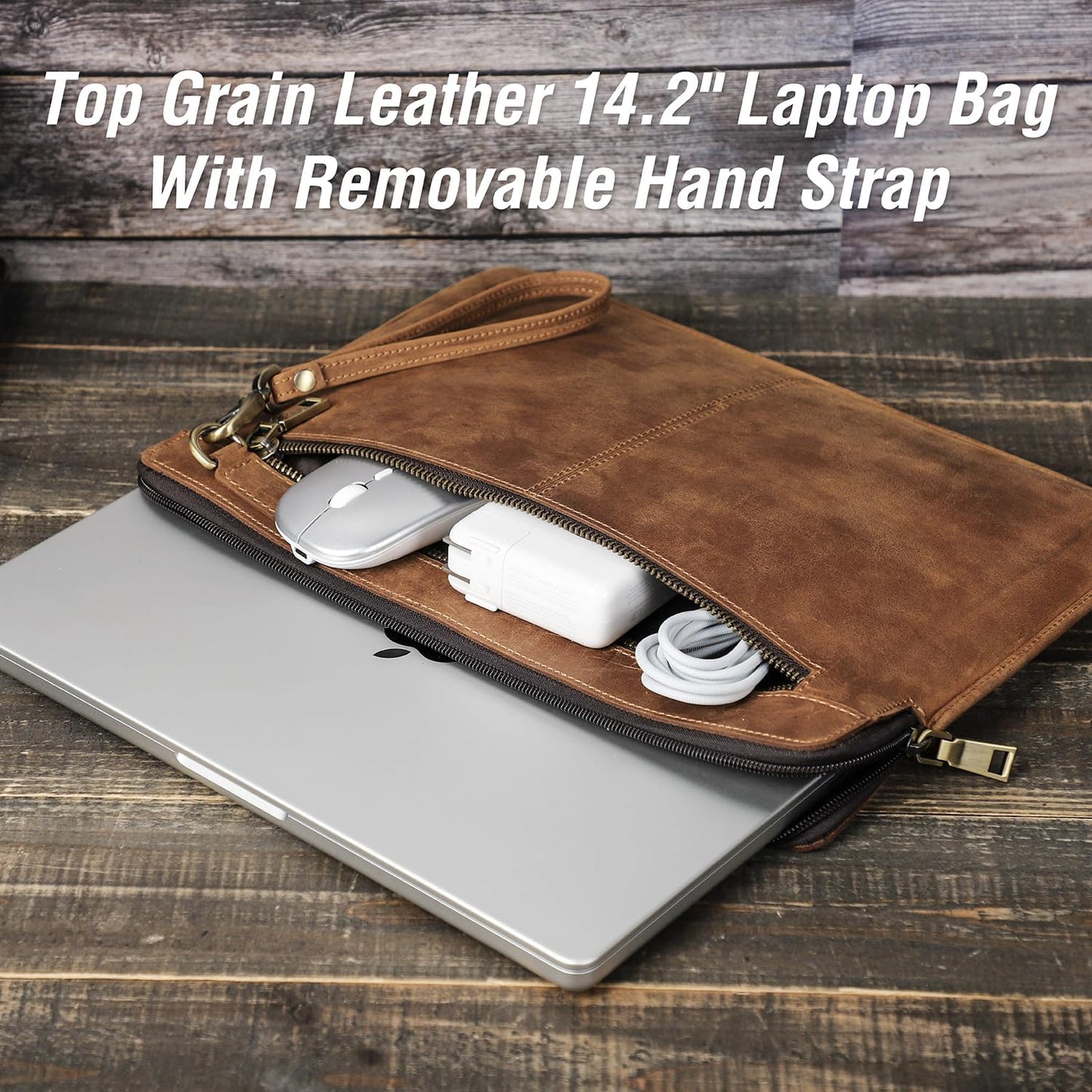 Top Grain Leather 14.2" Slim Laptop Sleeve Case Bag, Vintage Design with 2 Zip Pockets, Handmade