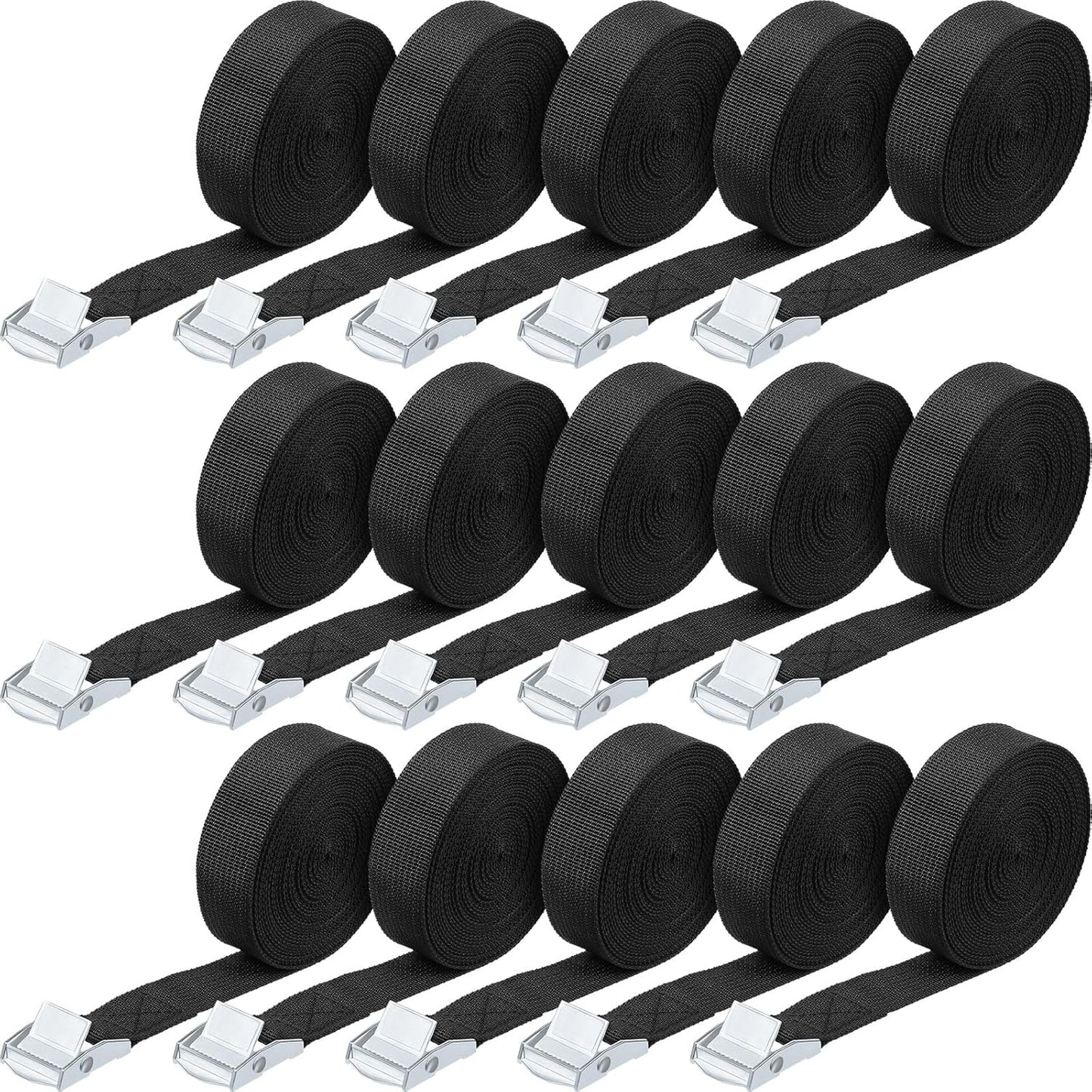 Riakrum 15 Pack 12 Feet Lashing Straps Adjustable Kayaks Tie Down Cam Buckle Straps with Buckles up to 250lbs for Cargo, Luggage, Motorcycles, Truck, Car Roof Rack, Sup Surfboard(Black)