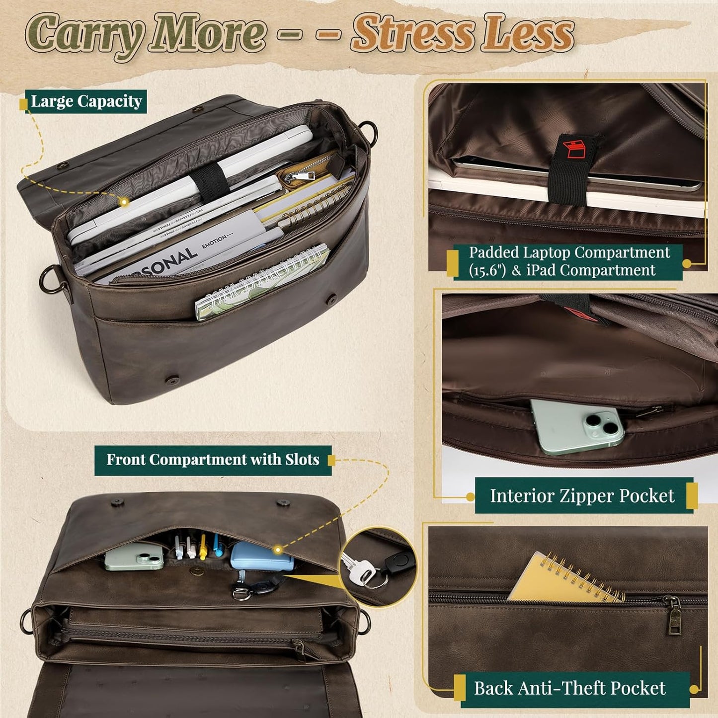 RAINSMORE Vintage Flap Messenger Bag for Men PU Leather Laptop Bag 15.6 Inch Mens Briefcase Waterproof Satchel Computer Bag