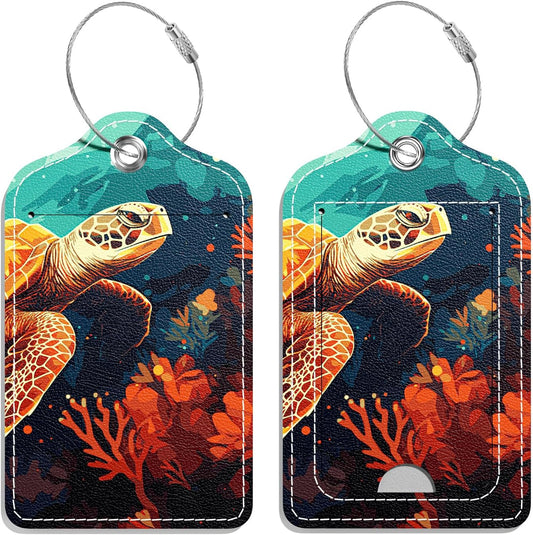 Luggage Tags for Suitcase, 2 Pack PU Leather Travel Cruise Luggage Tag with Privacy Flap, Name ID Label and Metal Loop for Women Men Girls Suitcase Baggage Bag Backpack, Art Turtles